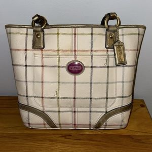 Coach Peyton Tattersall Plaid purse cream Hot Pink Interior Handbag Tote Leather